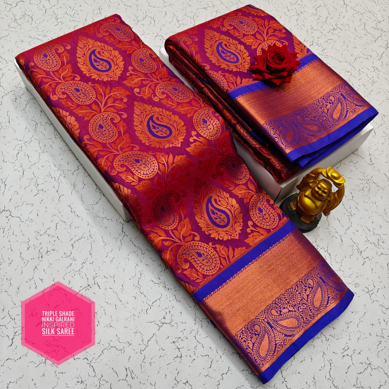 Maroon and Blue Nikki Galrani Saree