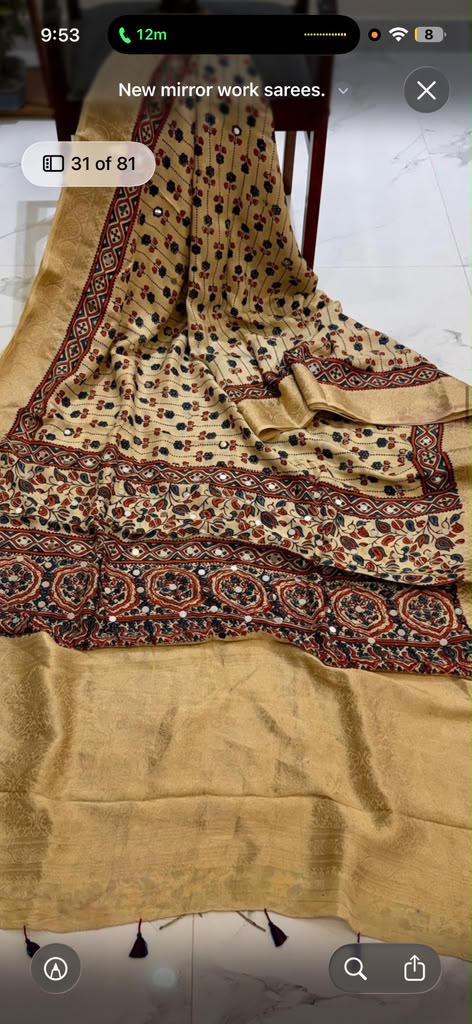 Sandal Mirror work Ajrakh Print Pure Dola Gajji Silk Saree