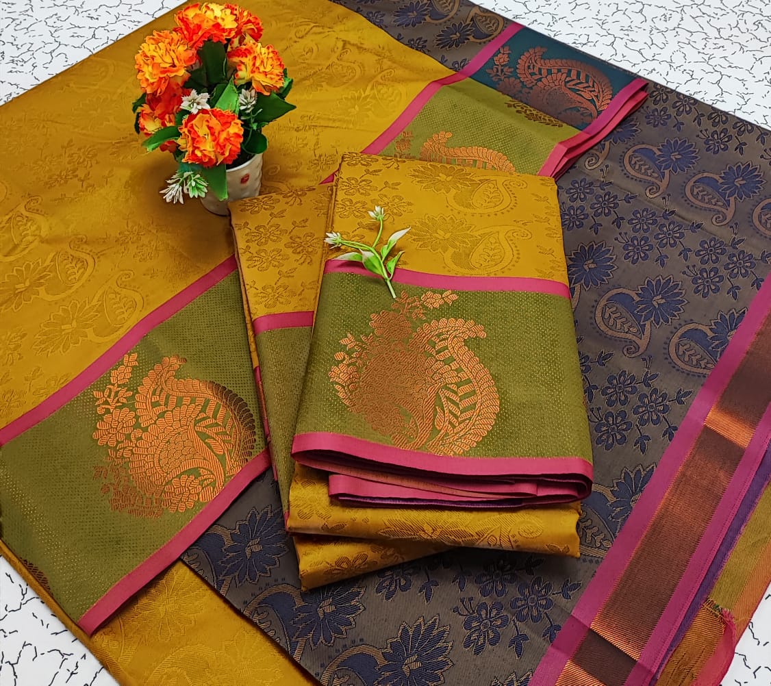 Mustard and Blue Embossed Soft Silk Saree