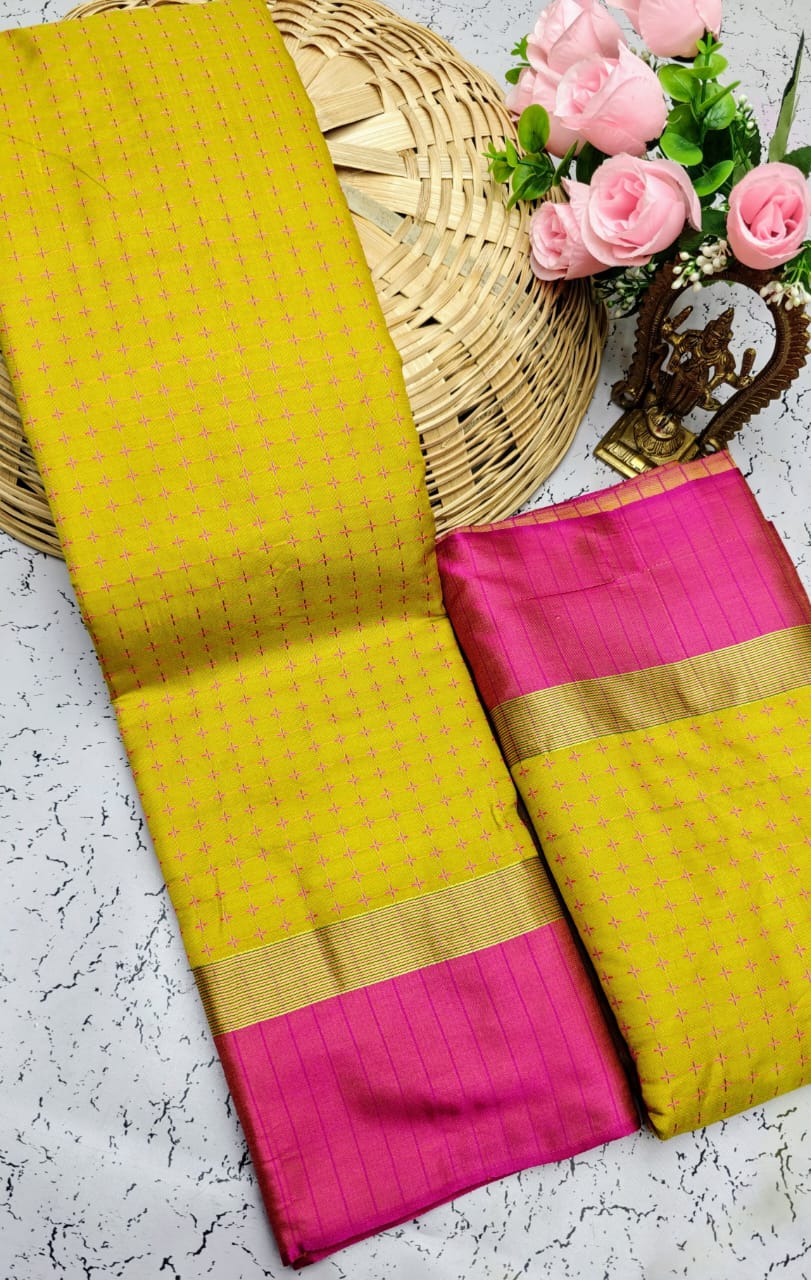 Mustard and Pink Checked Pattern Arani Soft Silk Saree