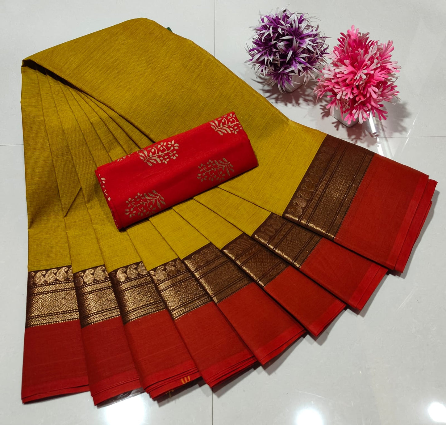 Mustard and Red Chettinad Royal Plain Pure Cotton Saree with Kalamkari Blouse