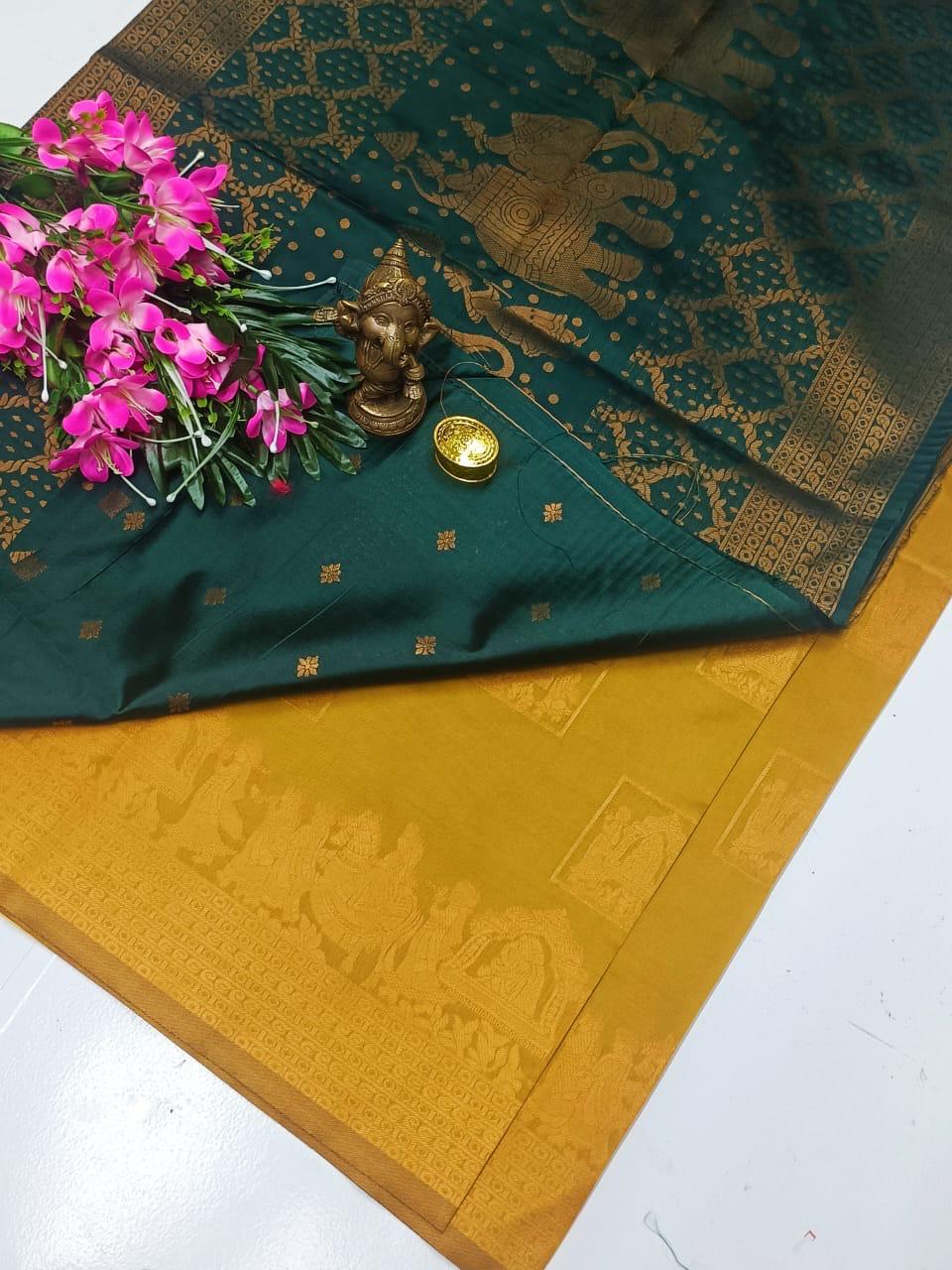 Mustard Yellow and Green Pallaku Design Soft Silk Saree