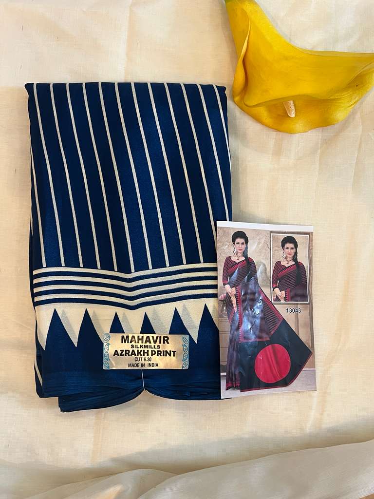 Navy Blue Mahavir Ajrakh Print Fancy Saree