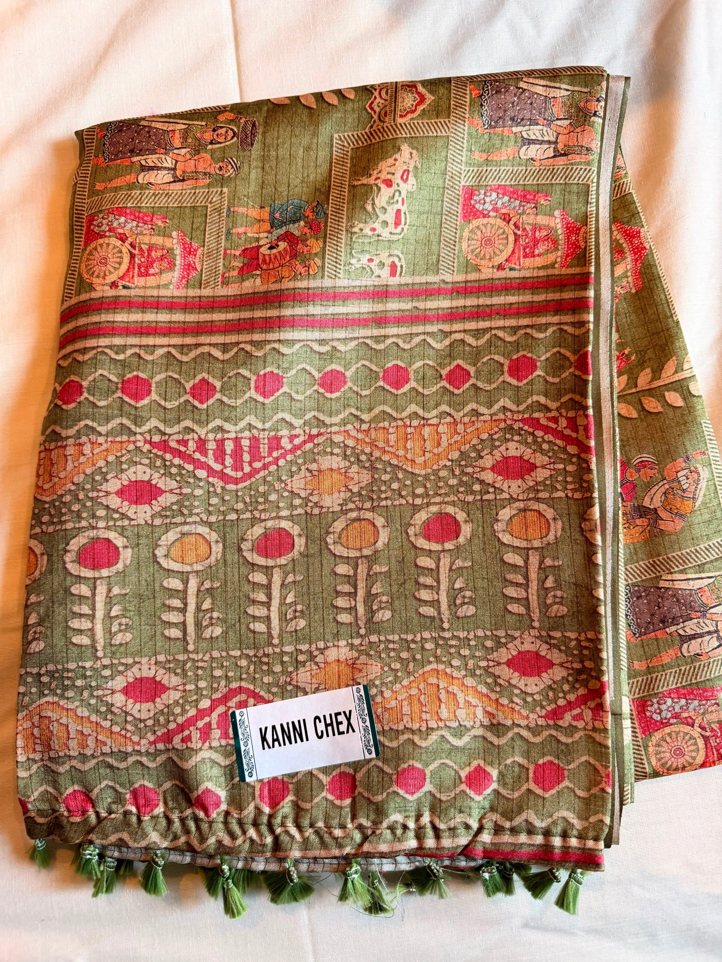 Olive Green Kanni Chex Fancy Saree