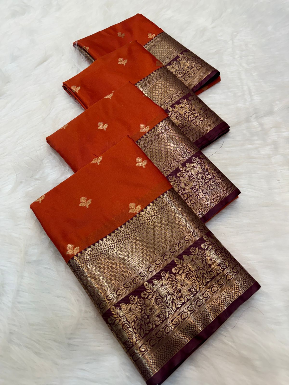 Orange and Brown Butta Semi Silk Saree