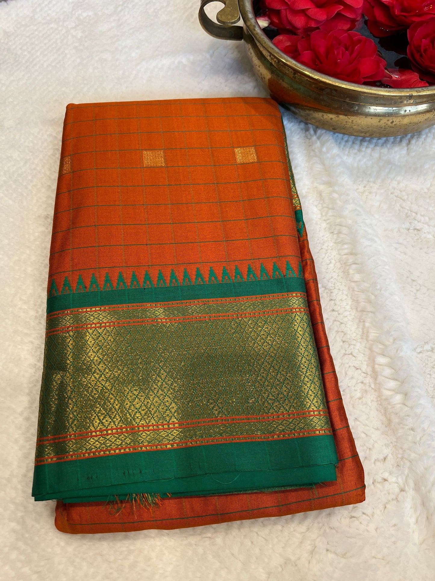 Orange with Green Border Paithani Soft Silk Saree