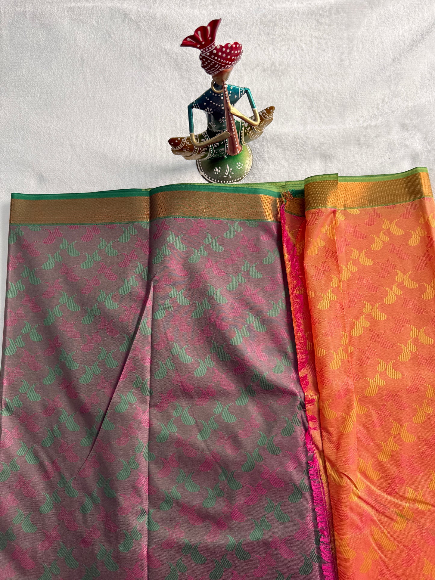 Orangish Yellow and Green Traditional Gift Saree