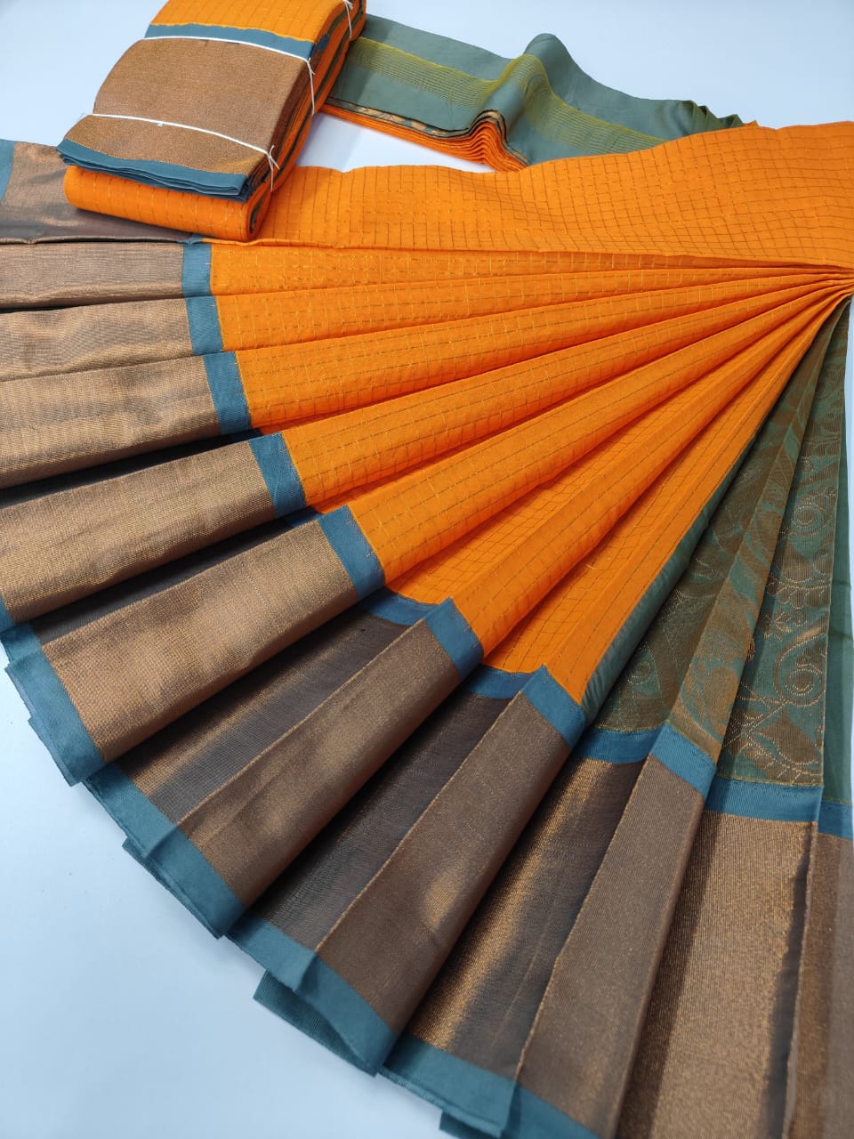 Orange Checked Silk Cotton Saree