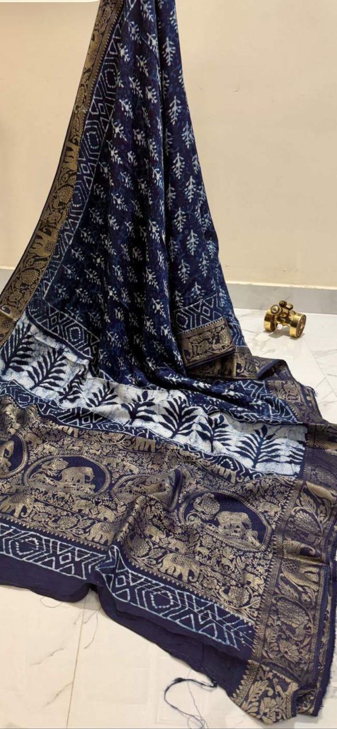 Dark Blue Ajrakh Print Pure Dola Gajji Silk Saree