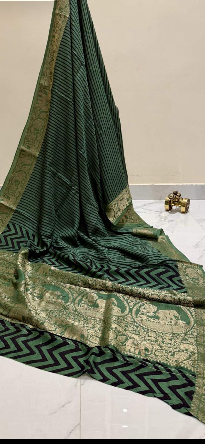 Green Ajrakh Print Pure Dola Gajji Silk Saree