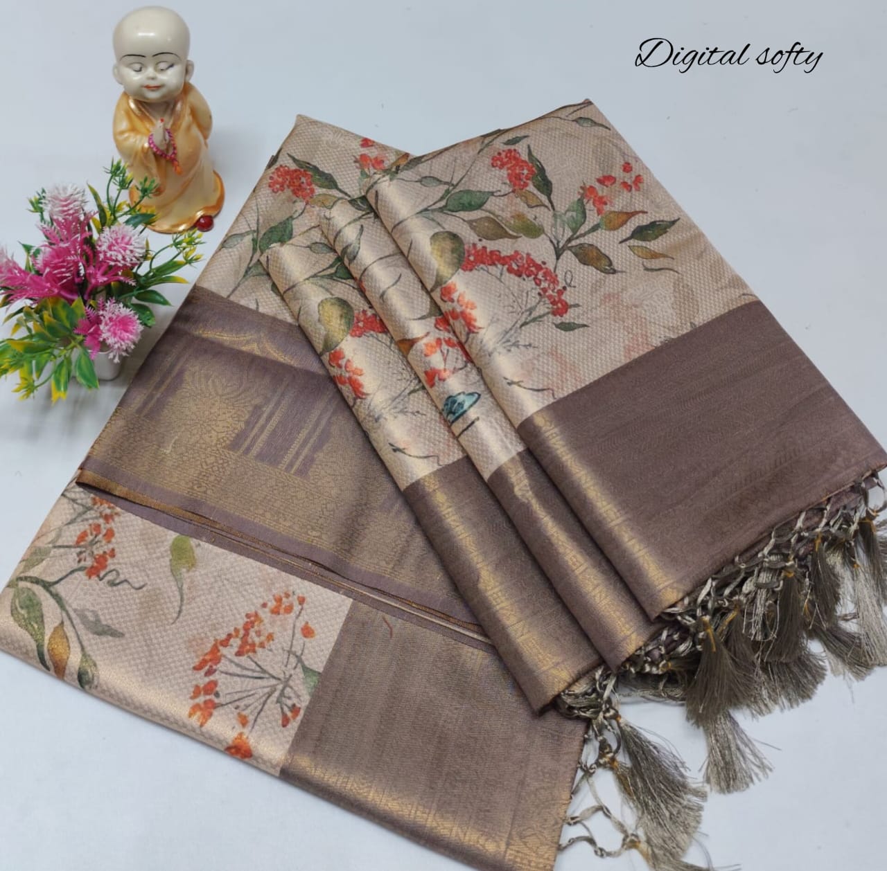 Lavender Border Floral Softy Silk Saree