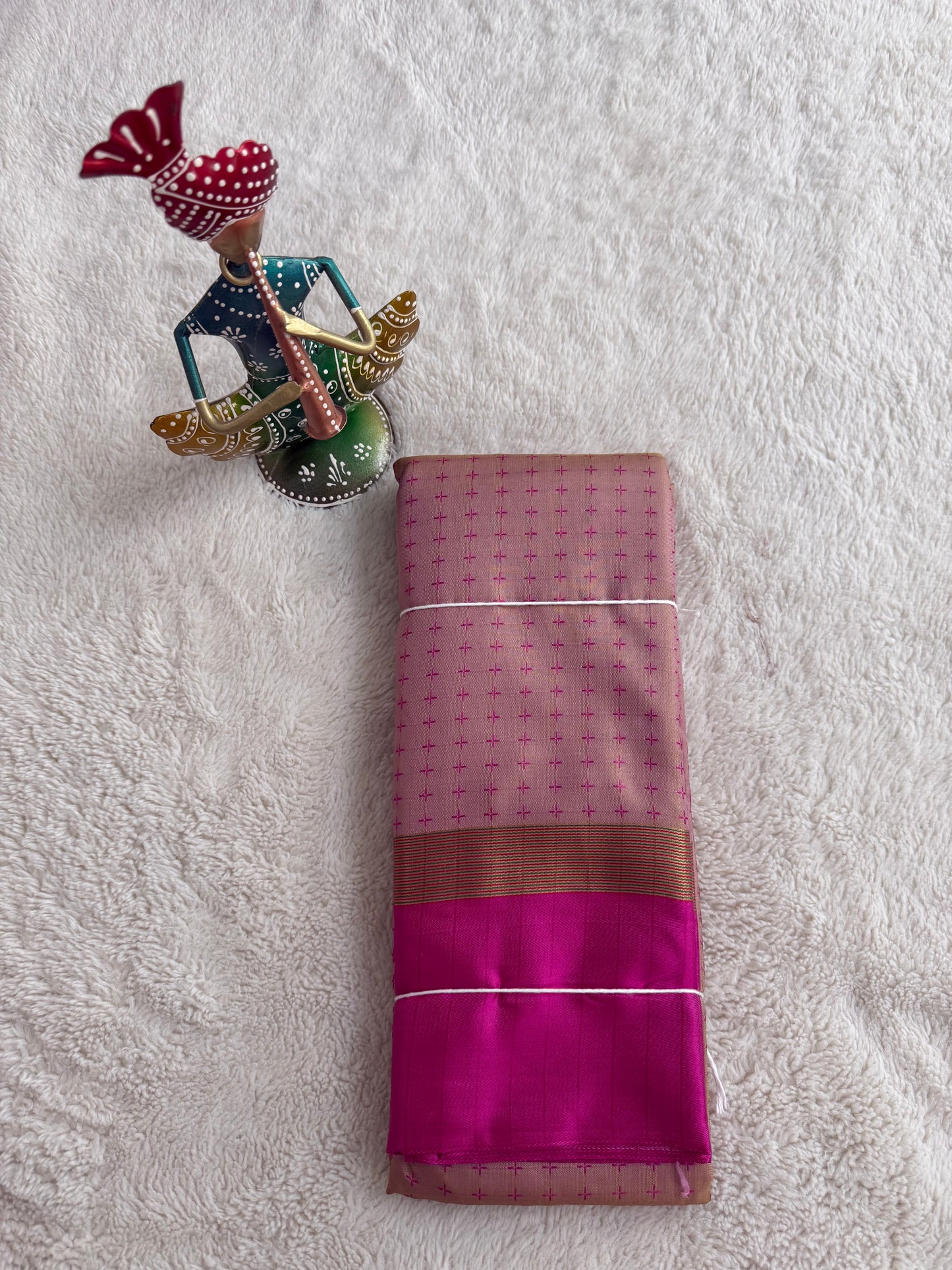 Peach and Pink Checked Pattern Arani Soft Silk Saree