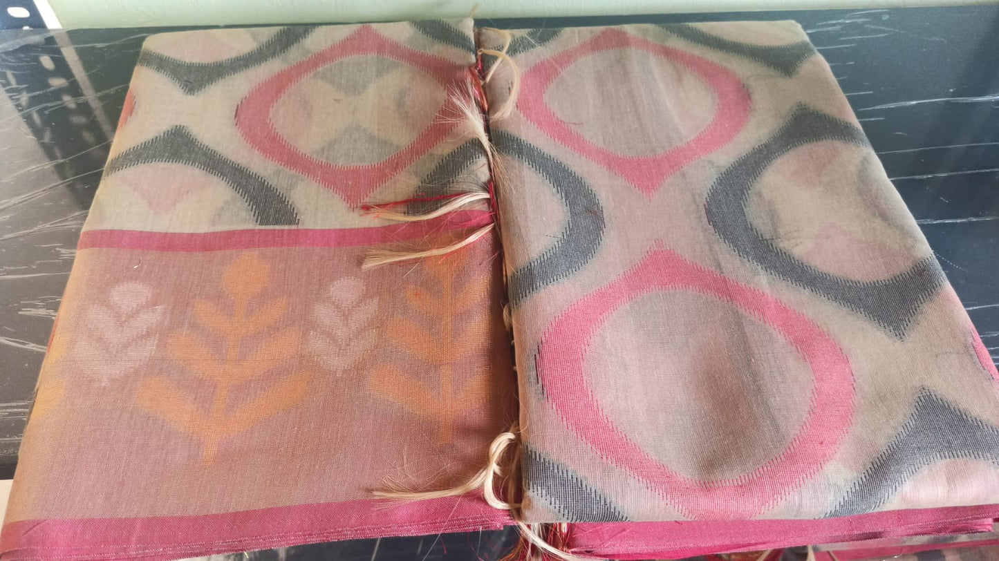 Peach and Reddish Pink Cotton Banarasi Pochampally Saree