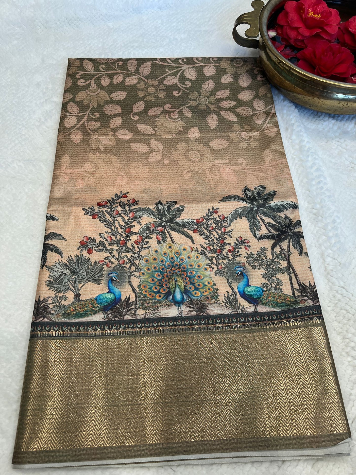 Peach Peacock Design Fancy Saree