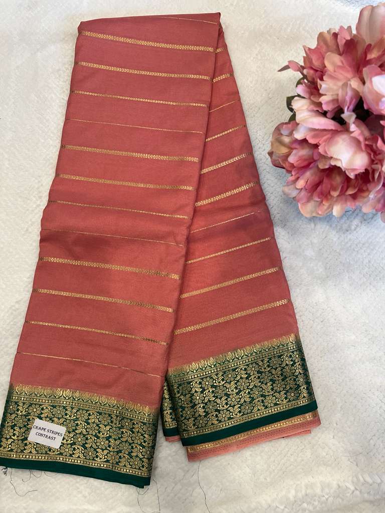 Peach Crape Stripe Pattern Saree
