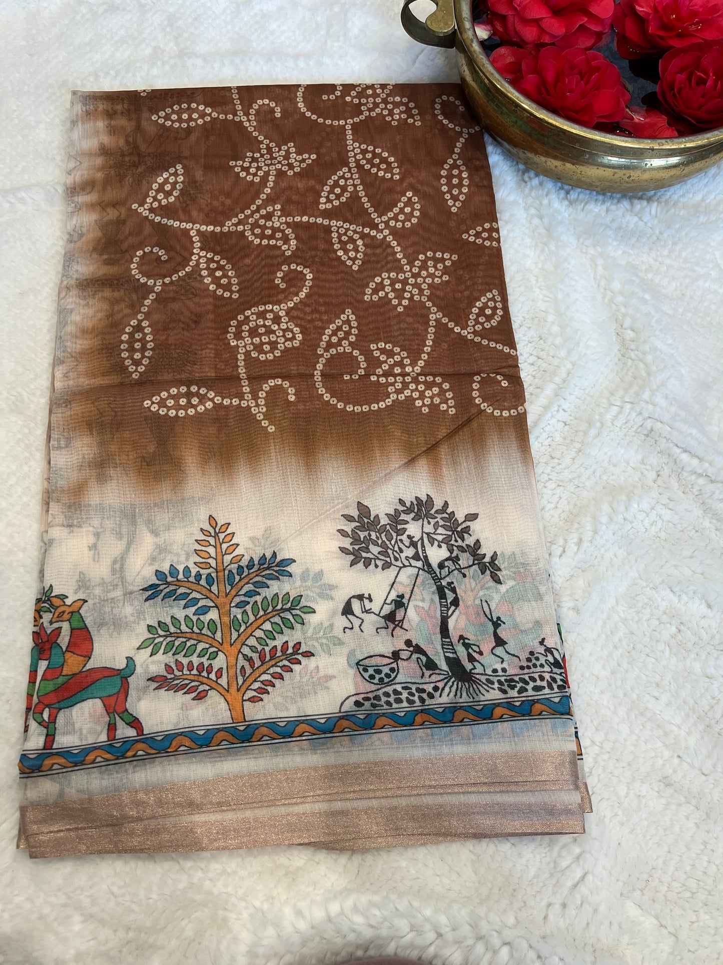 Brown Warli Bandhini Saree