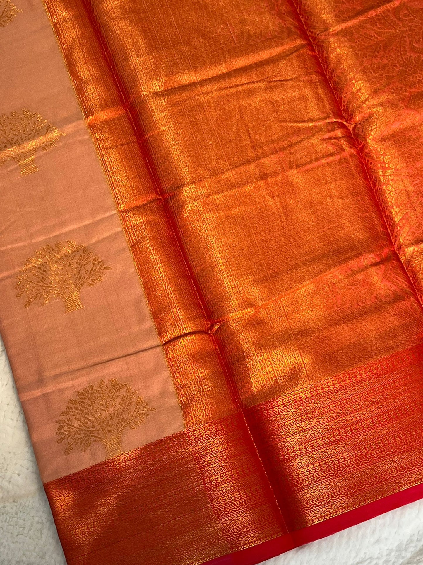 Peach and Red Butter Silk Saree