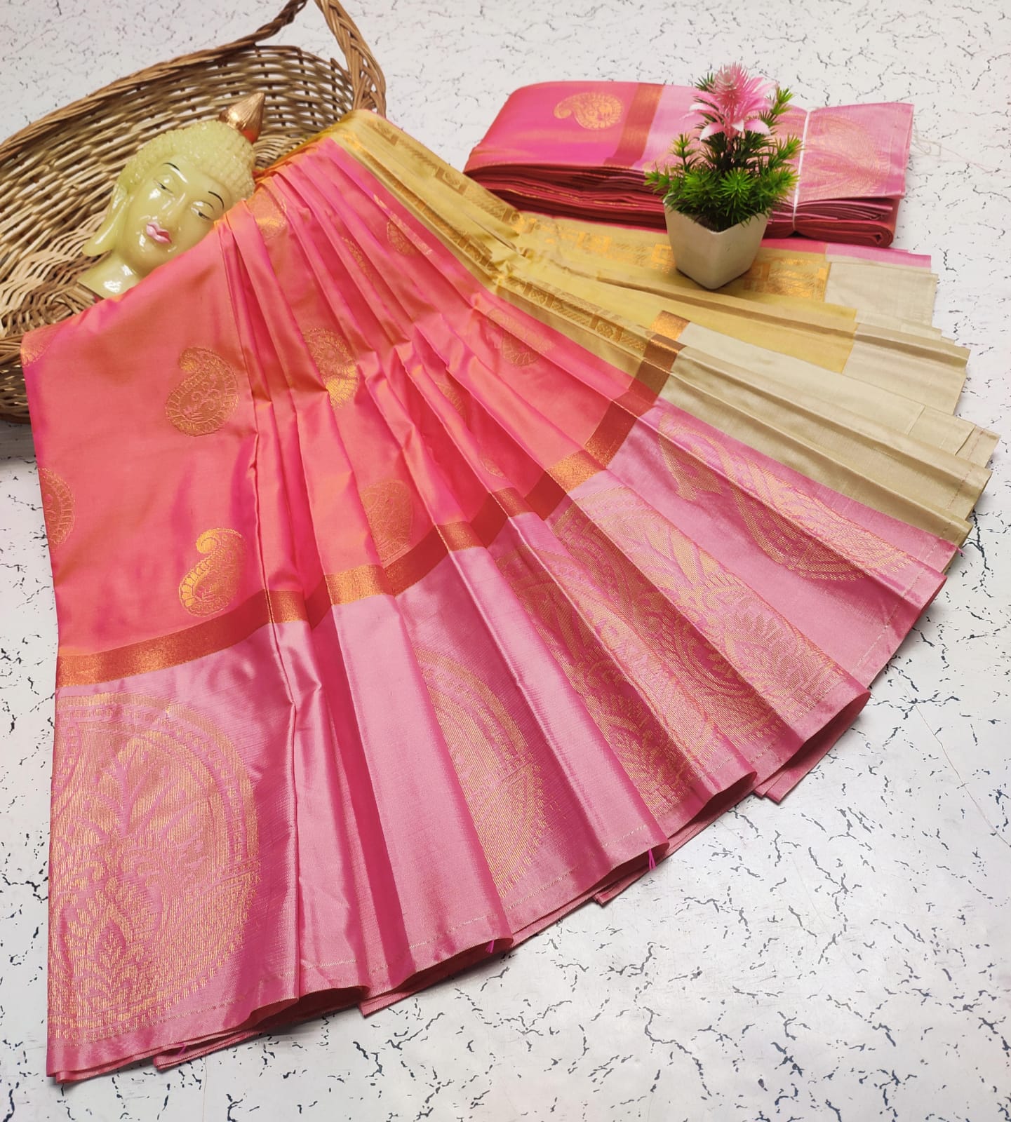 Pink and Beige Fancy Soft Silk Saree