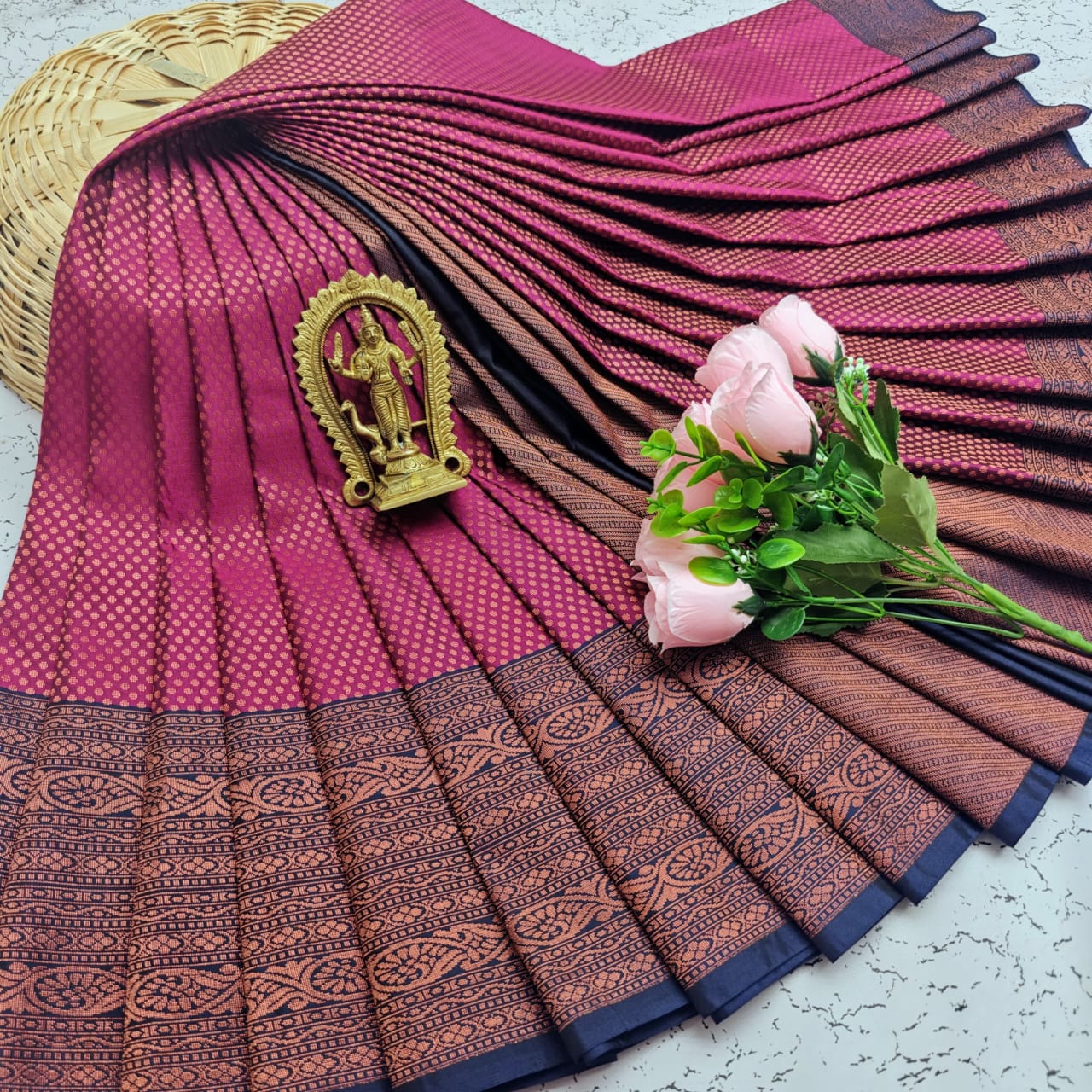 Pink and Blue Kanchipuram Korvai Kotanji Soft Silk Saree