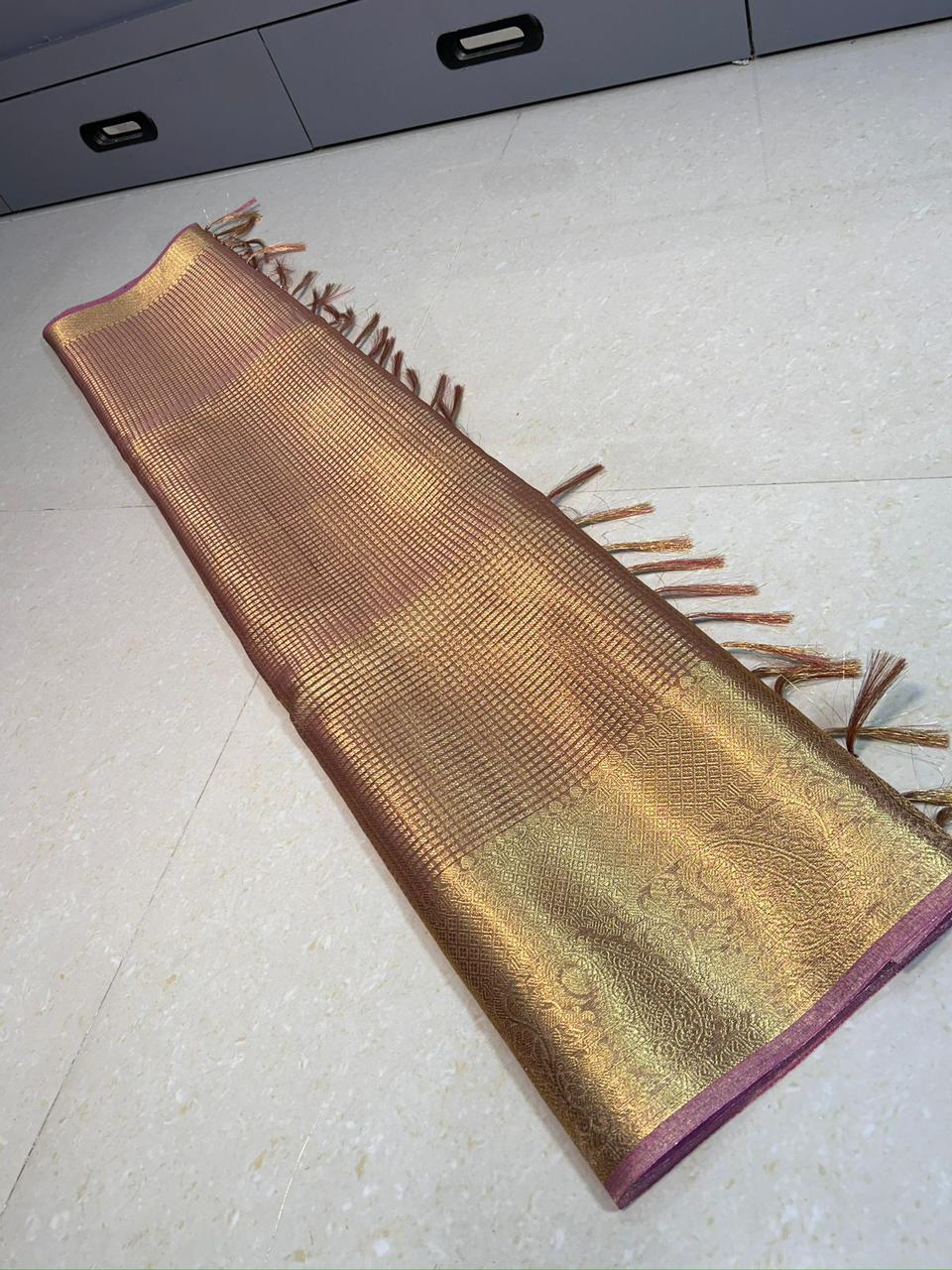 Pink Checked Big Border Tissue Saree
