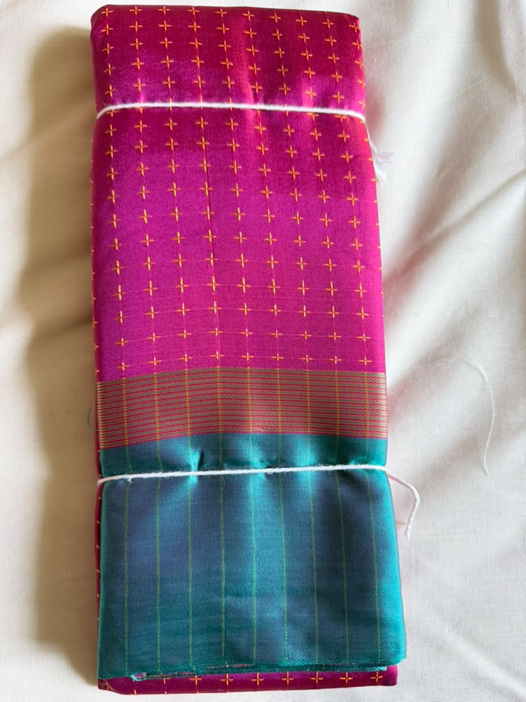 Pink and Green Checked Pattern Semi Soft Silk Saree