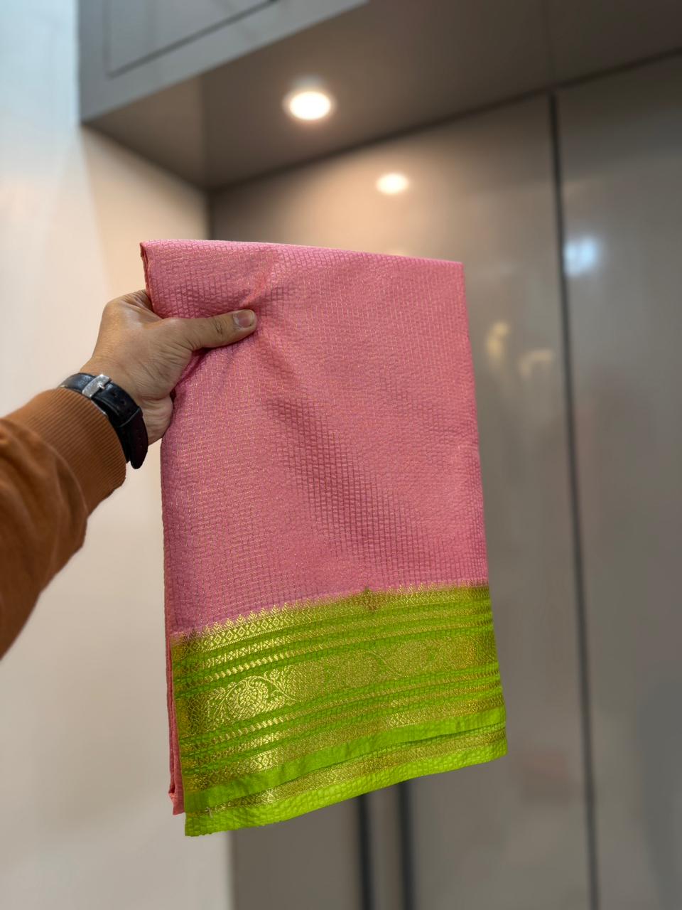 Pink and Green Checked Pattern Warm Silk Saree