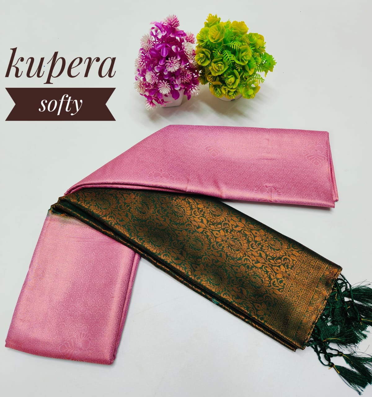Pink and Green Dual Tone Copper Softy Silk Saree