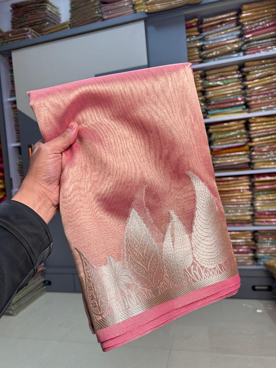 Pink Leaf Border Tissue Saree