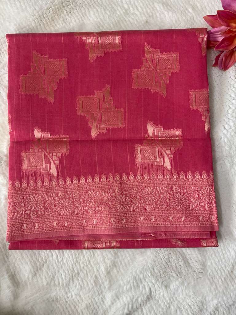 Hot Pink and Gold Lambhor Linen Saree
