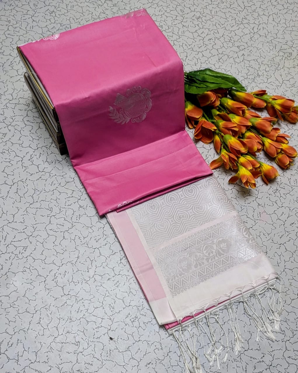 Pink and White Kanchipuram Soft Silk