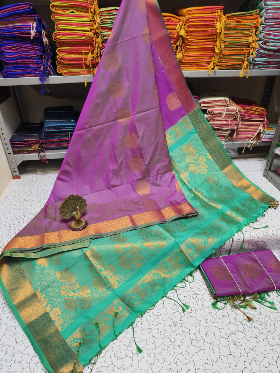 Purple and Green Kanchivaram Jacquard Border Soft Silk Saree