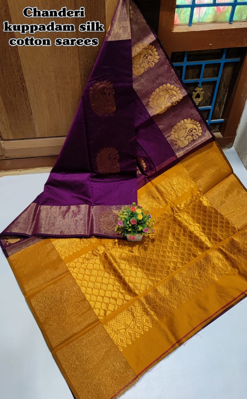 Purple and Mustard Chanderi Kuppadam Rich Silk Cotton Saree