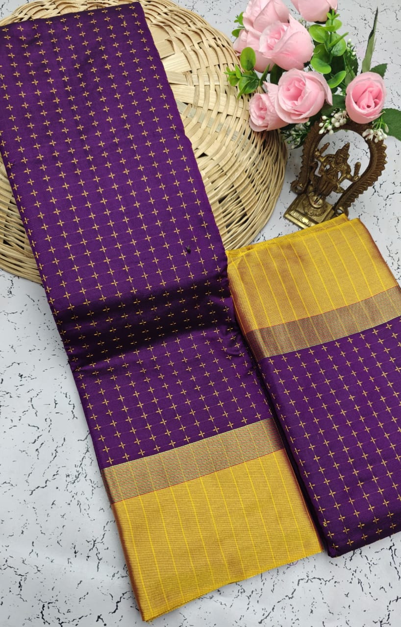 Purple and Mustard Checked Pattern Arani Soft Silk Saree