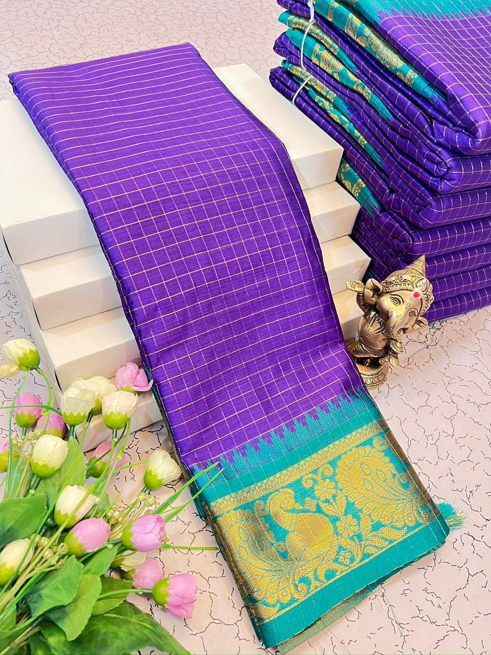 Purple and Teal Checked Fancy Silk Saree