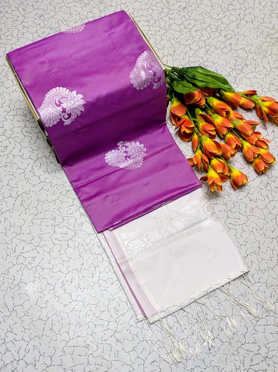 Purple and White Kanchipuram Soft Silk