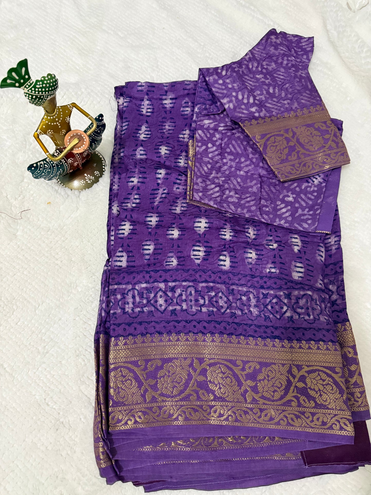 Purple Ajrakh Print Pure Dola Silk Saree with Zari Border
