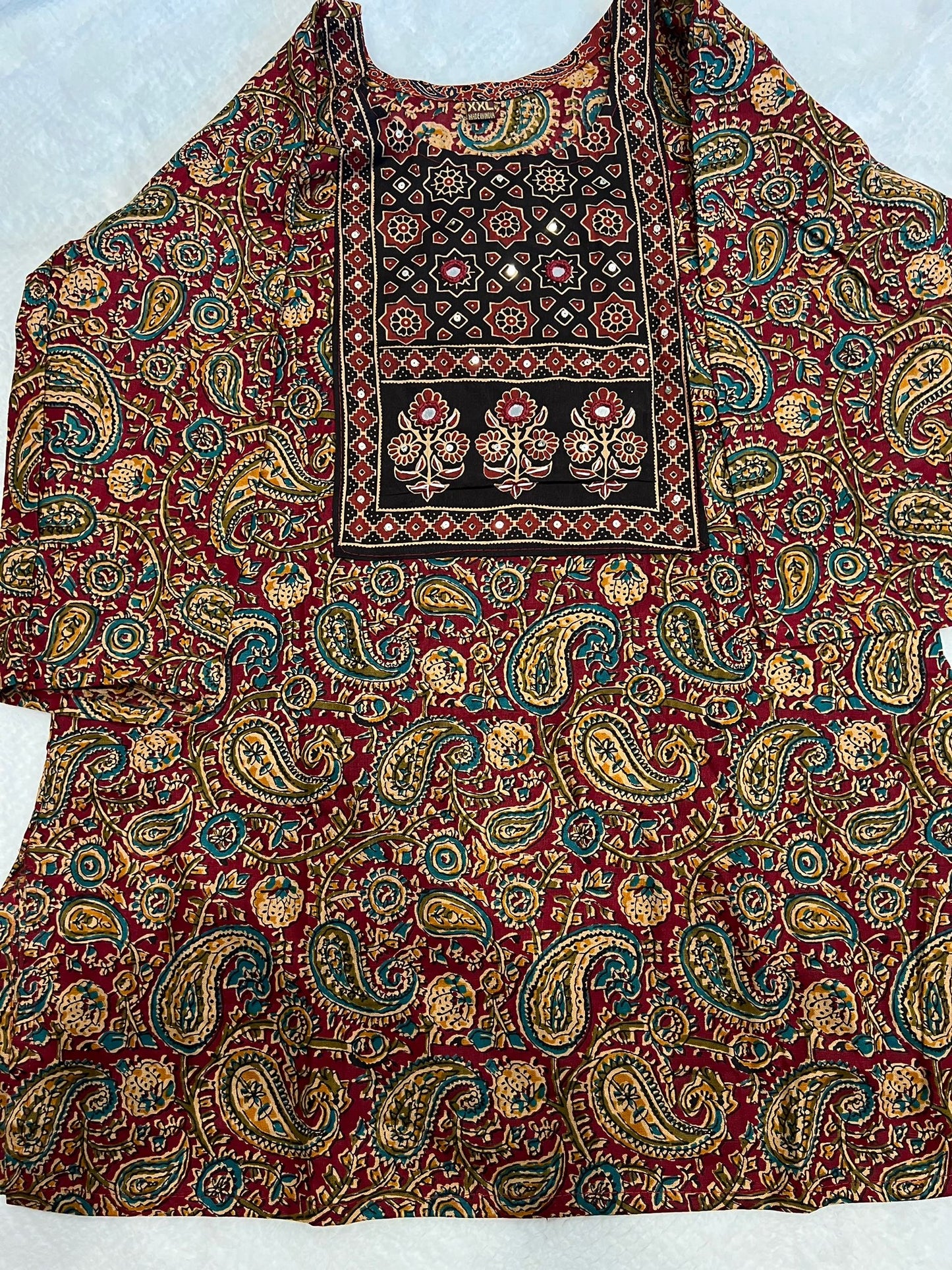 Red Floral Mirror Work Short Kurti