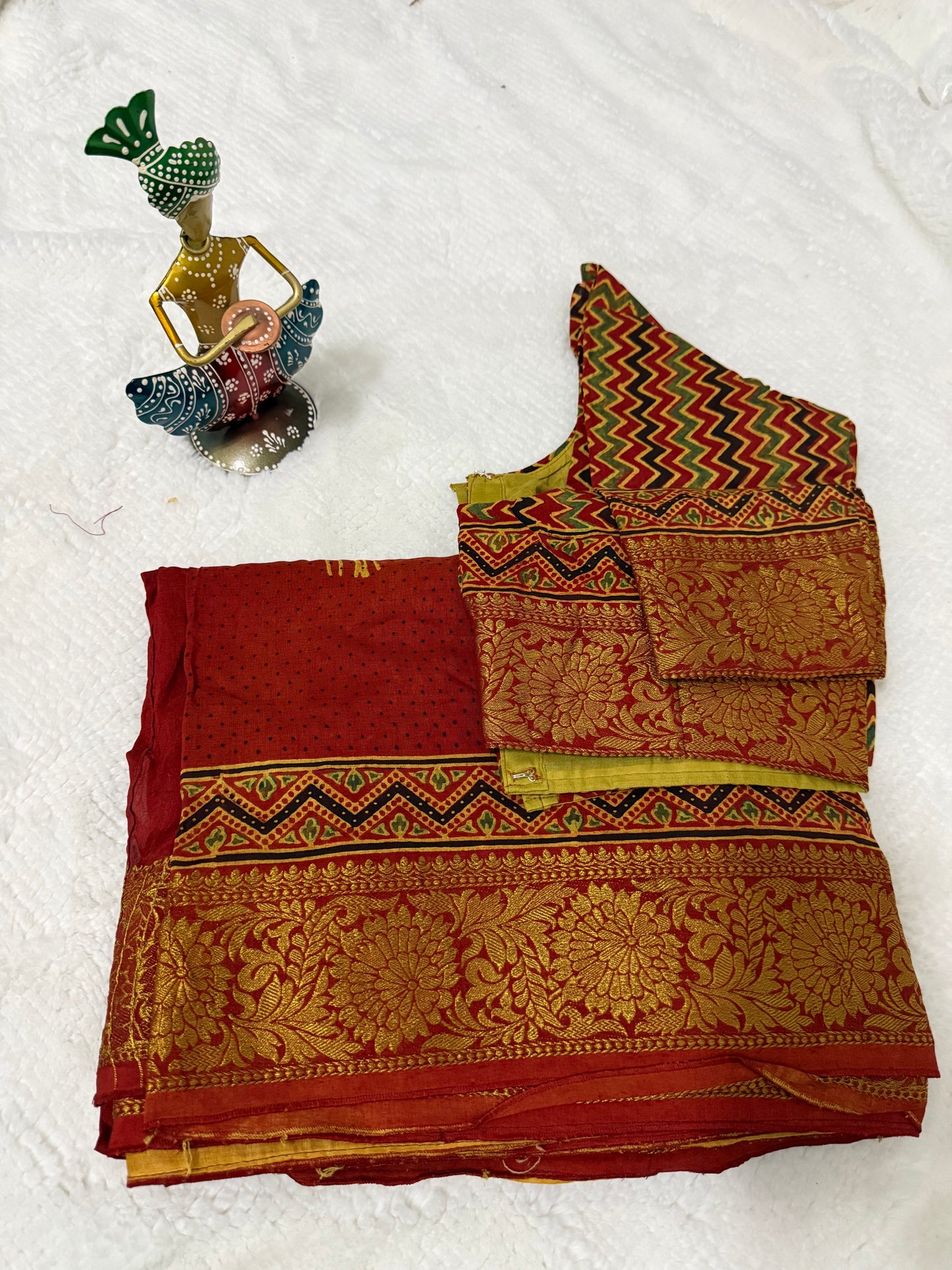 Red Ajrakh Print Pure Dola Silk Saree with Zari Border