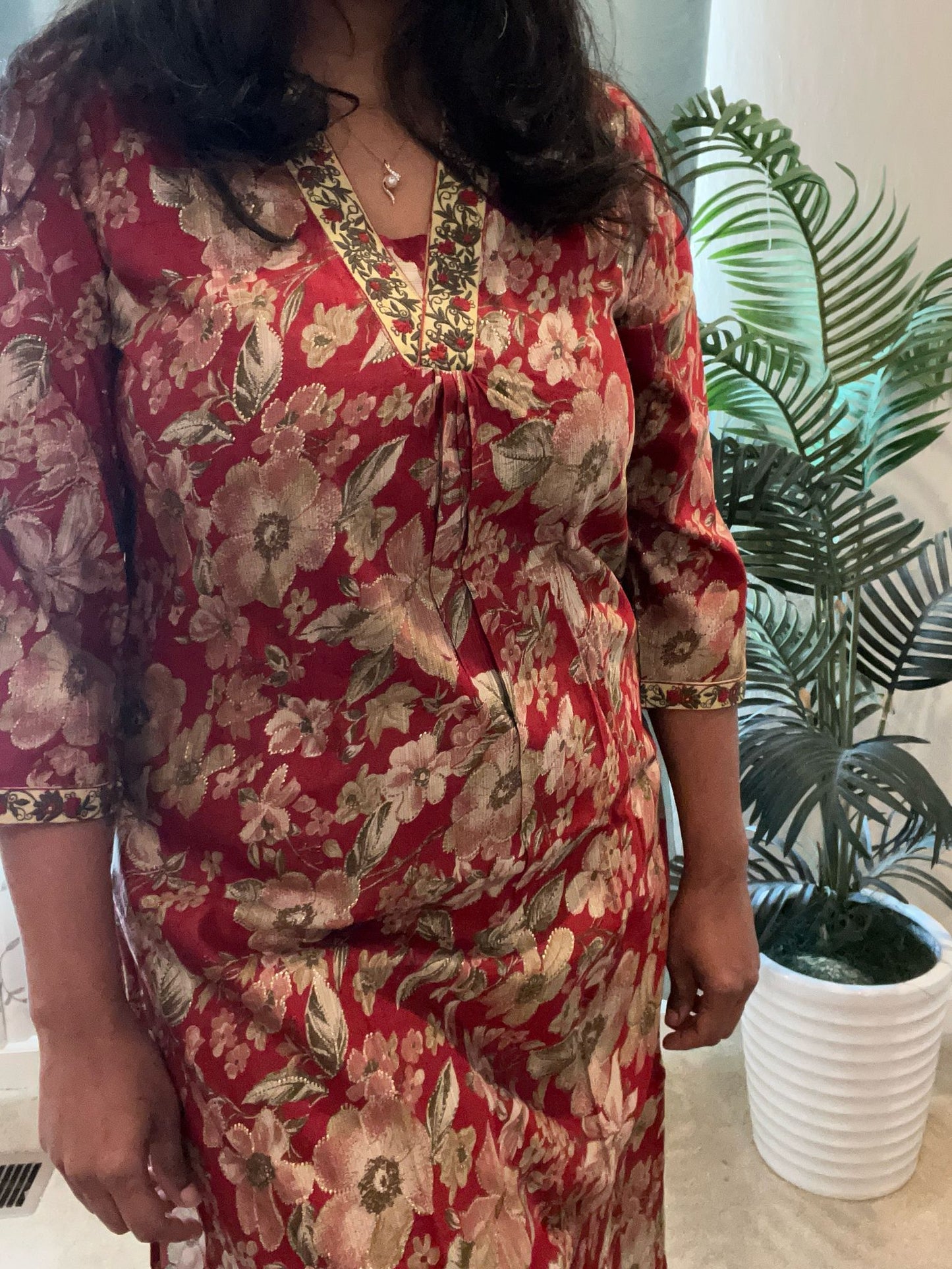 Red V Neck 2-Piece Chudidar Set