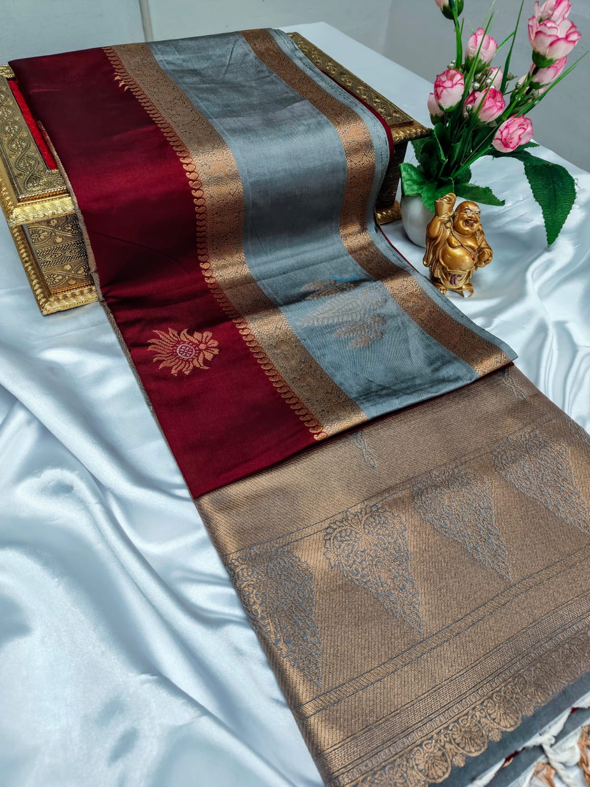 Red and Grey Royal Premium Semi Silk Saree