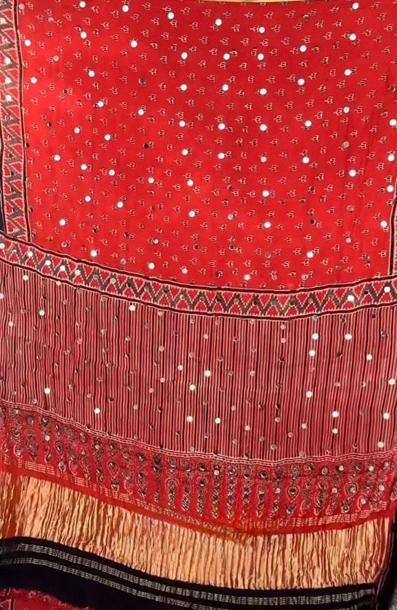 Red Pattern 2 Mirror work Ajrakh Print Pure Dola Gajji Silk Saree