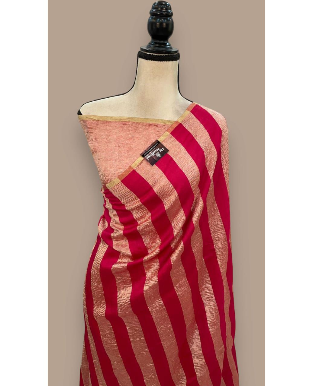Red Striped Crushed Tissue Saree