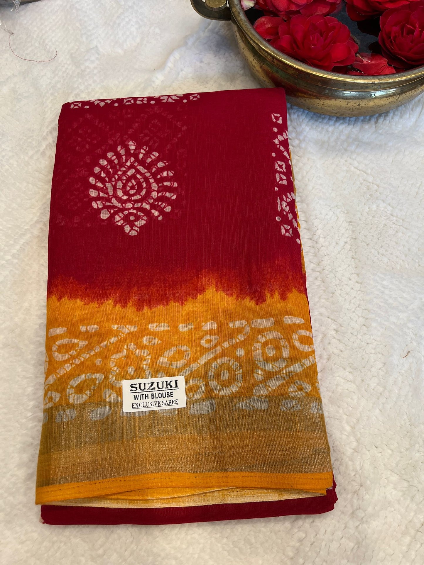 Red and Yellow Suzuki Silk Cotton Saree