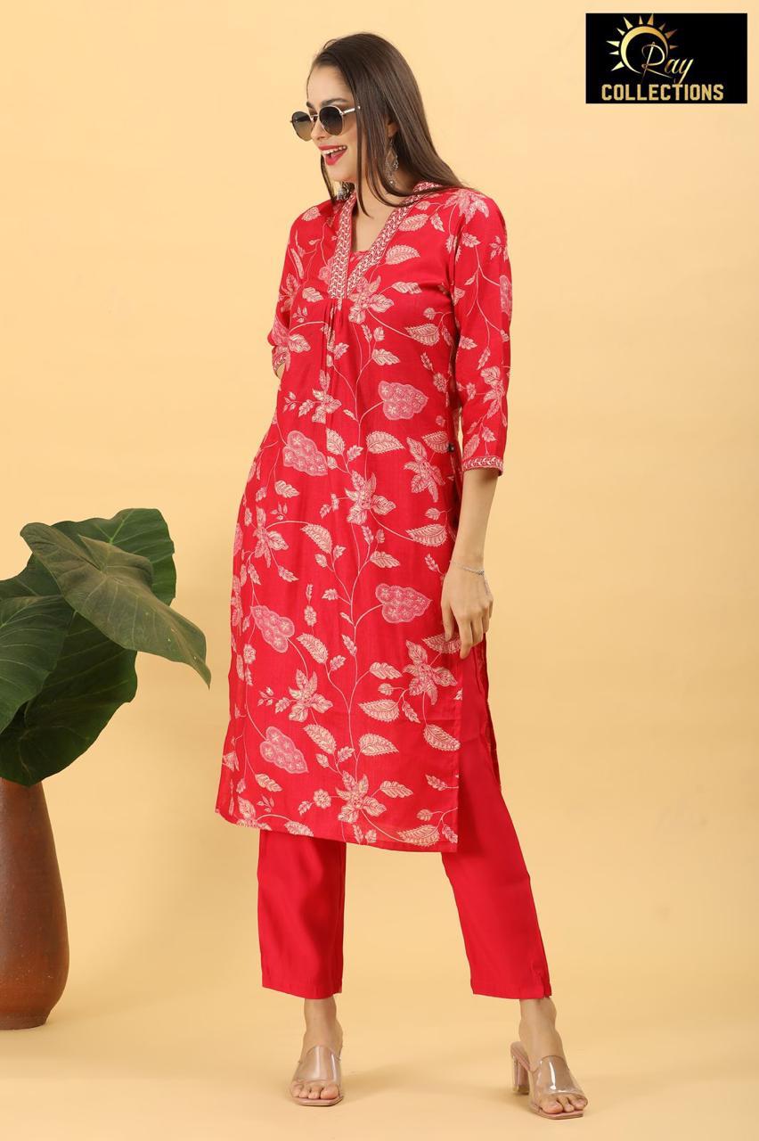 Red and Red V Neck 2-Piece Chudidar Set