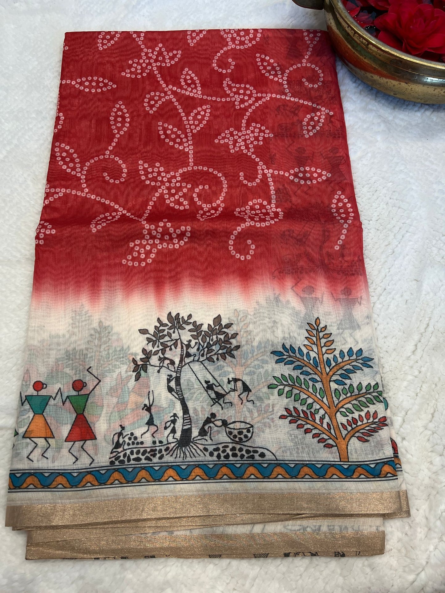 Red Warli Bandhini Saree