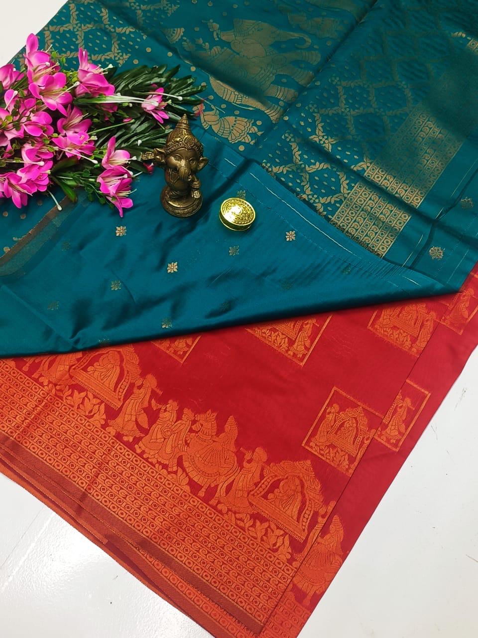 Red and Green Pallaku Design Soft Silk Saree
