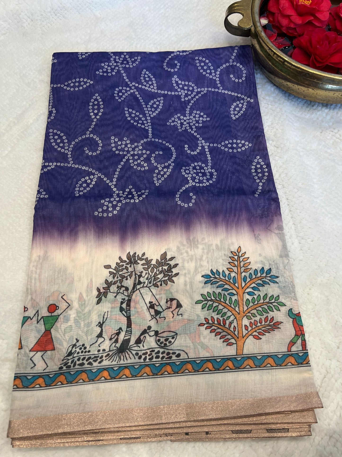 Royal Blue Warli Bandhini Saree