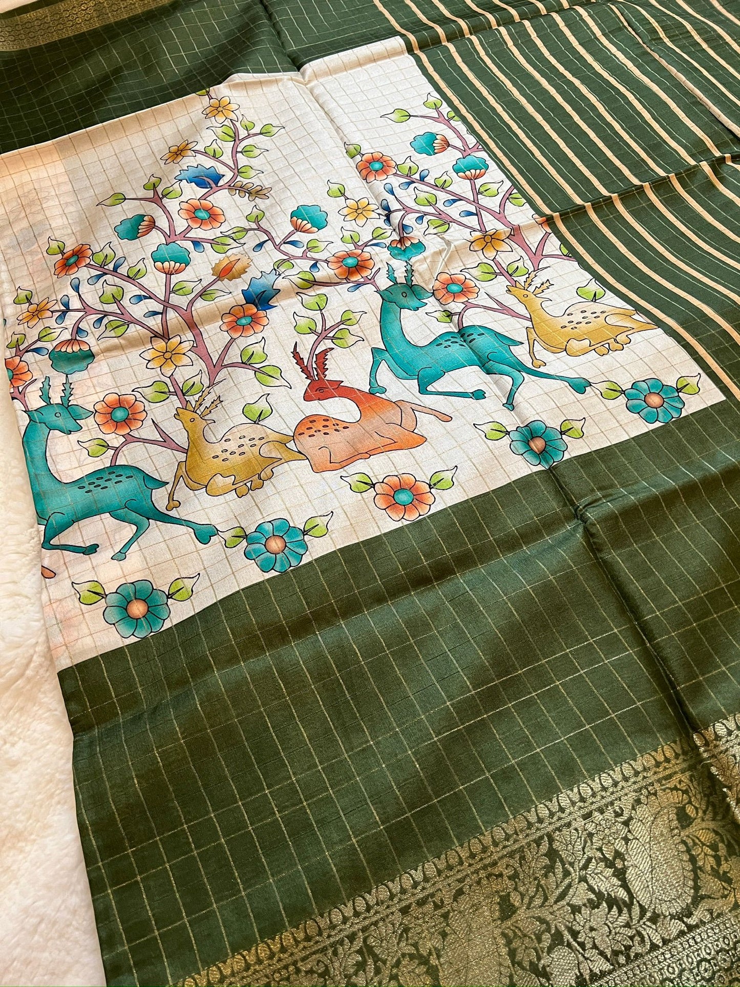 Sandal and Green Kalamkari Silk Cotton Saree