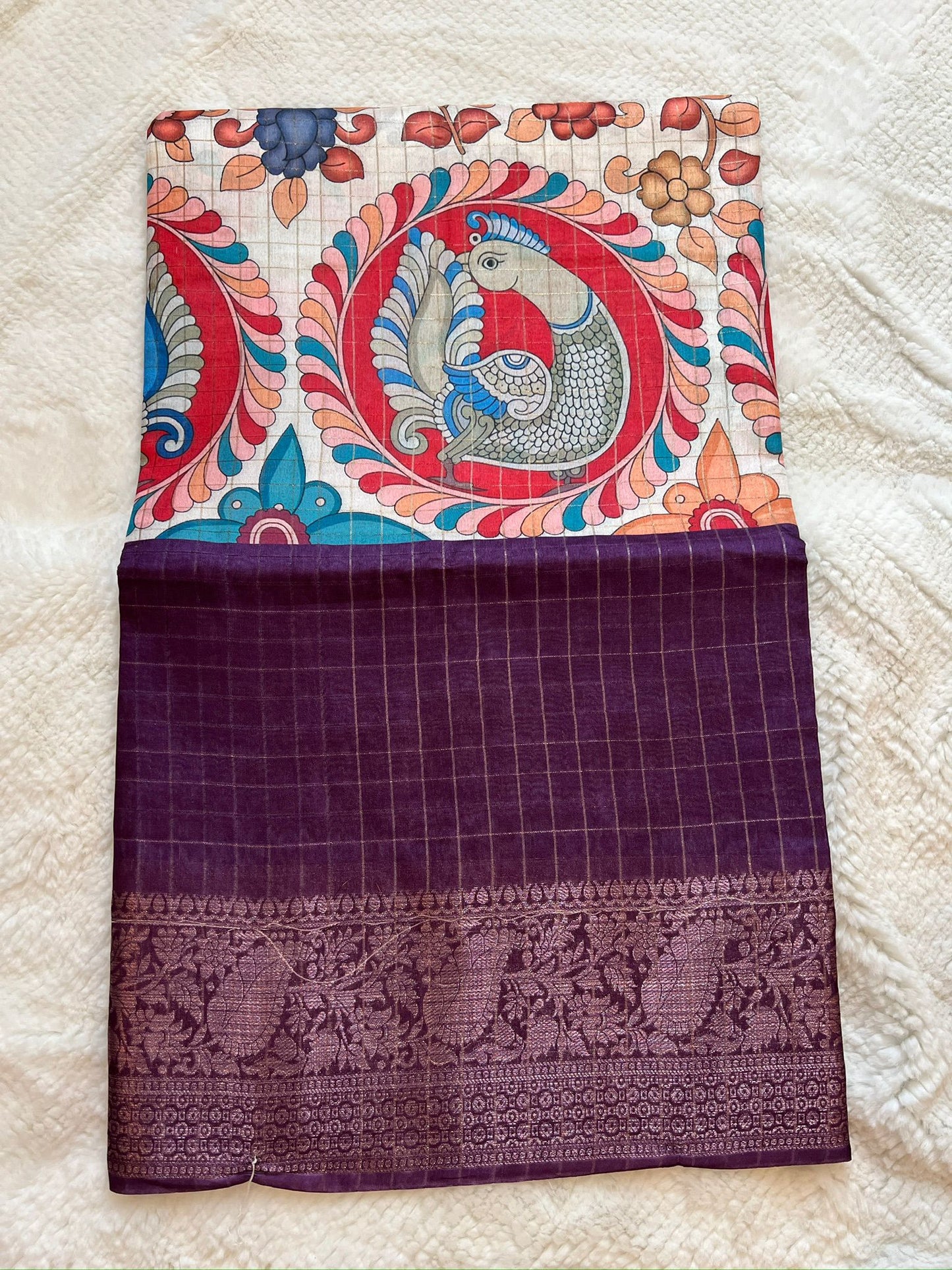Sandal and Purple Kalamkari Silk Cotton Saree