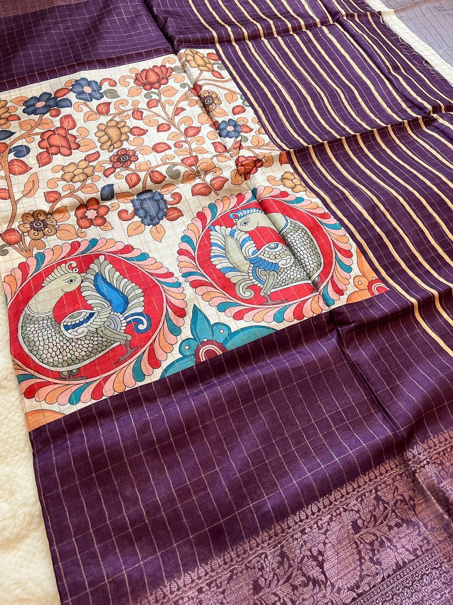 Sandal and Purple Kalamkari Silk Cotton Saree